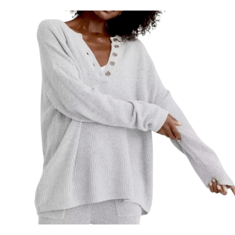 AERIE Oversized HENLEY SWEATER Light Gray HALF BUTTON-DOWN All Cotton SZ L